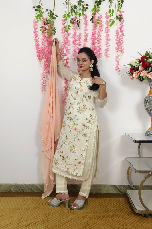 Straight Khadi Cotton Multi Embroidered Suit set In Off white With Contrast duppatta