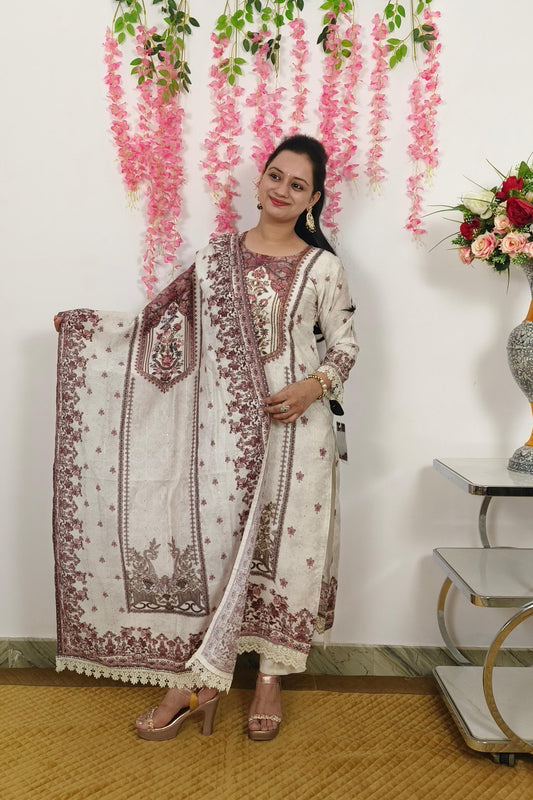 Muslin Digital Printed Straight Pakistani Suit Set With Crochet Work In Off White