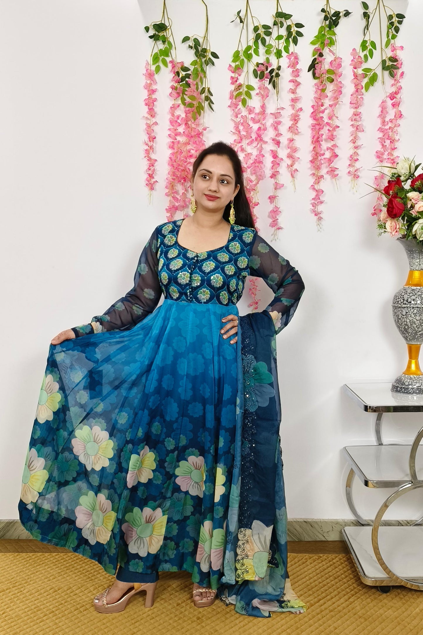 Organza Floral Printed Hand Work Anarkali Suit In Peacock Blue