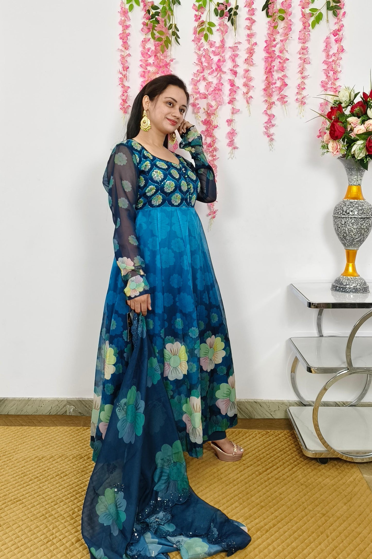 Organza Floral Printed Hand Work Anarkali Suit In Peacock Blue