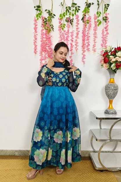 Organza Floral Printed Hand Work Anarkali Suit In Peacock Blue