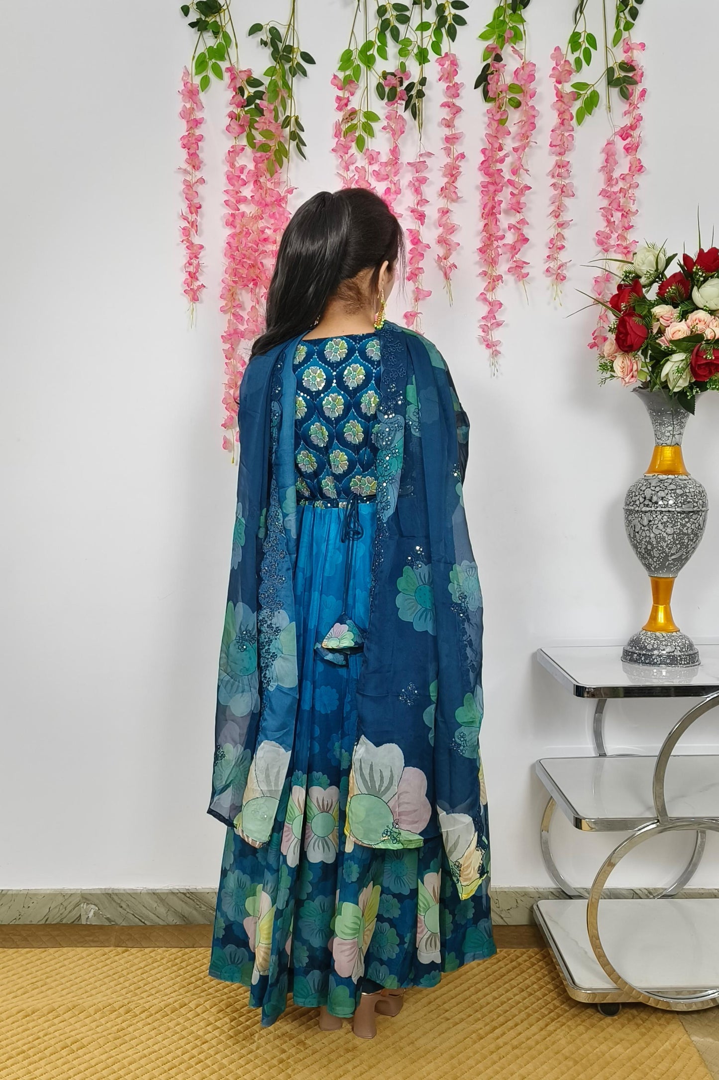 Organza Floral Printed Hand Work Anarkali Suit In Peacock Blue