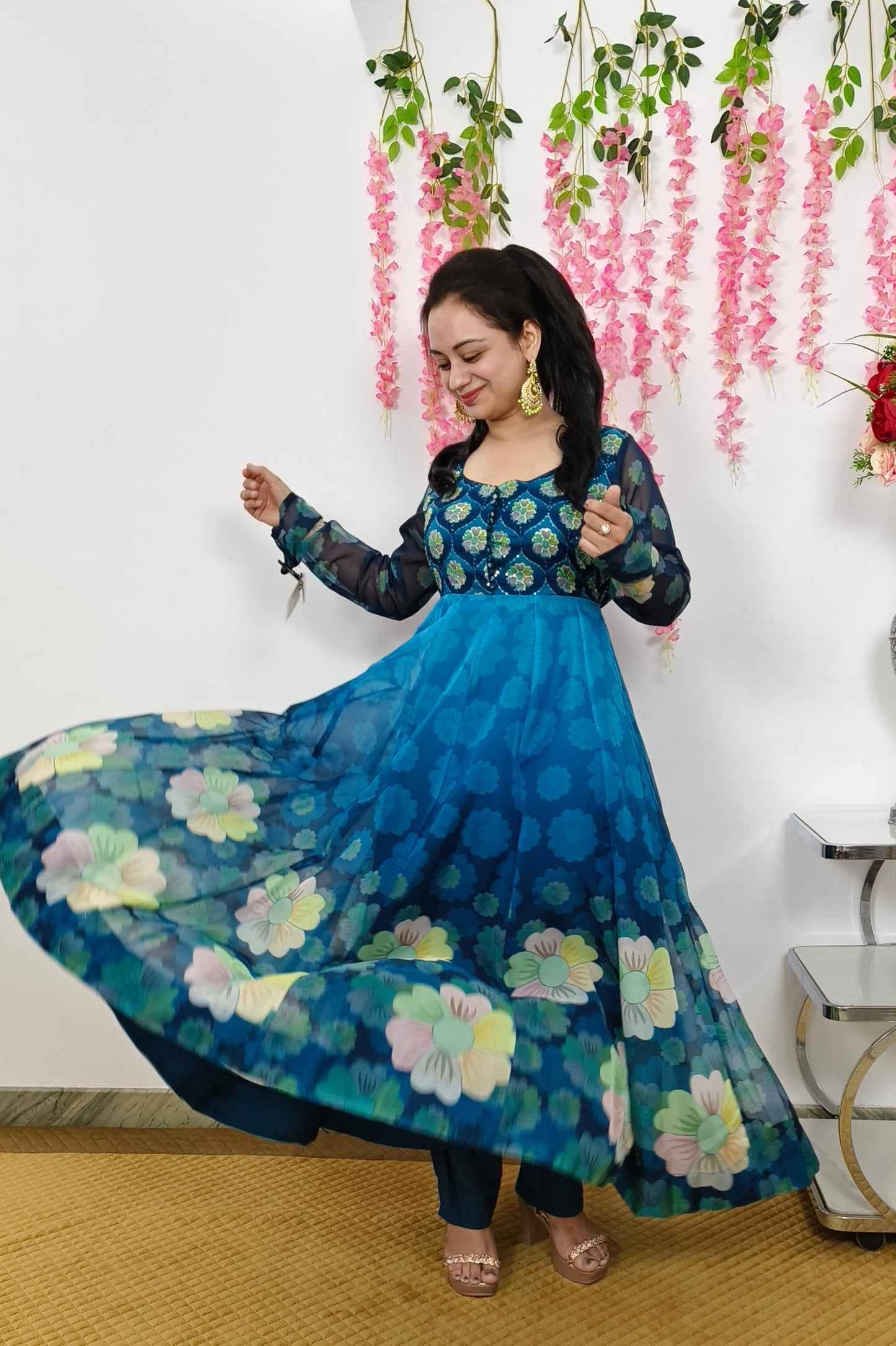 Organza Floral Printed Hand Work Anarkali Suit In Peacock Blue