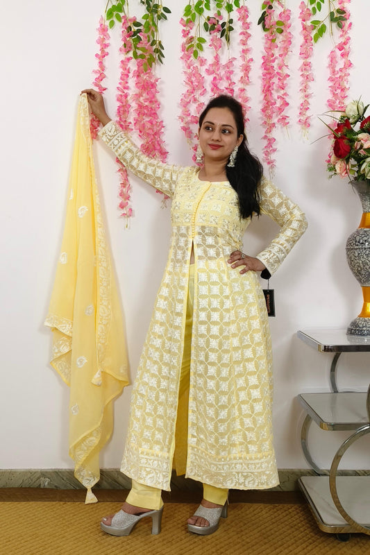 Front And Side Slit Designer Georgette Anarkali Suit Set  In Lemon