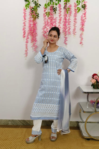 Straight Chikan ThreadWork Cotton Suit Set For Casual Wear In sky Blue