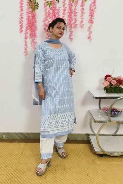 Straight Chikan ThreadWork Cotton Suit Set For Casual Wear In sky Blue