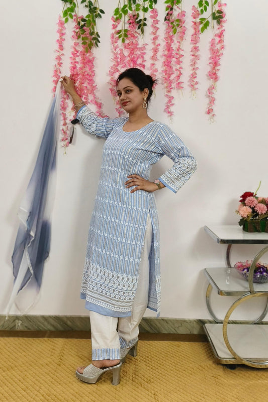 Straight Chikan ThreadWork Cotton Suit Set For Casual Wear In sky Blue