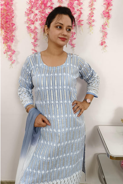 Straight Chikan ThreadWork Cotton Suit Set For Casual Wear In sky Blue