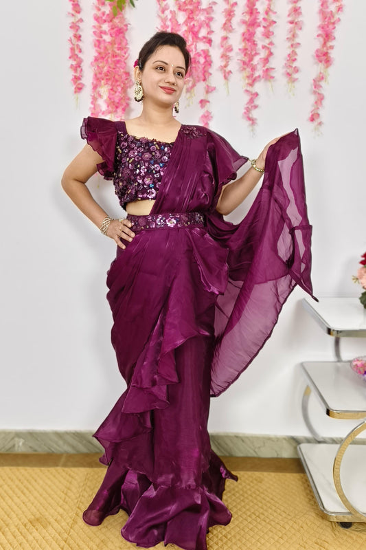 Designer Ruffle Blouse Partywear Ready To Wear Drape saree in Organza