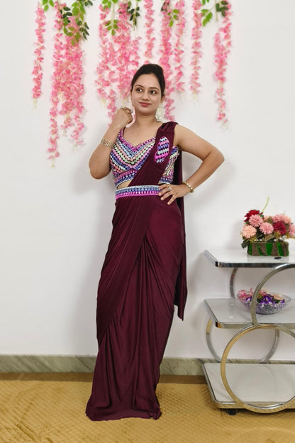 Ready To wear Partywear Drape Saree With hand Work Blouse With Belt In Wine