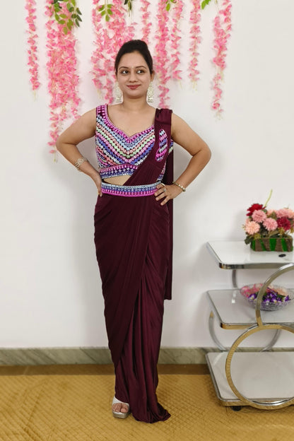 Ready To wear Partywear Drape Saree With hand Work Blouse With Belt In Wine