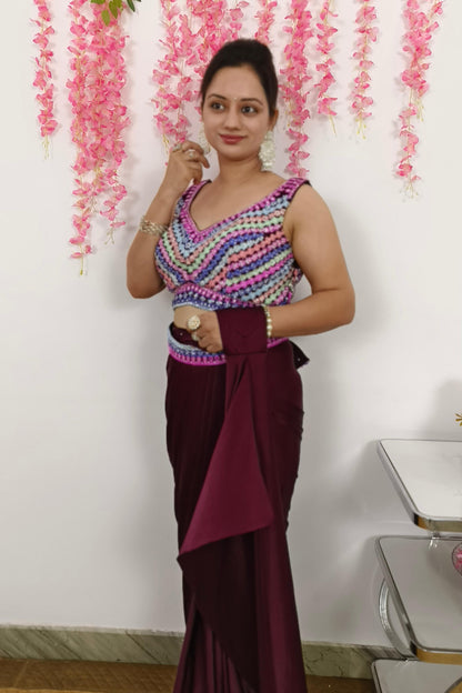 Ready To wear Partywear Drape Saree With hand Work Blouse With Belt In Wine