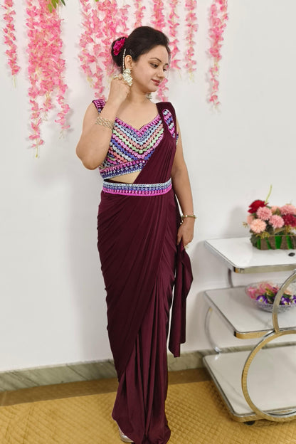 Ready To wear Partywear Drape Saree With hand Work Blouse With Belt In Wine