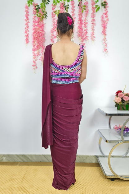 Ready To wear Partywear Drape Saree With hand Work Blouse With Belt In Wine