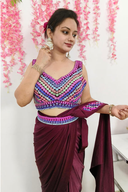 Ready To wear Partywear Drape Saree With hand Work Blouse With Belt In Wine