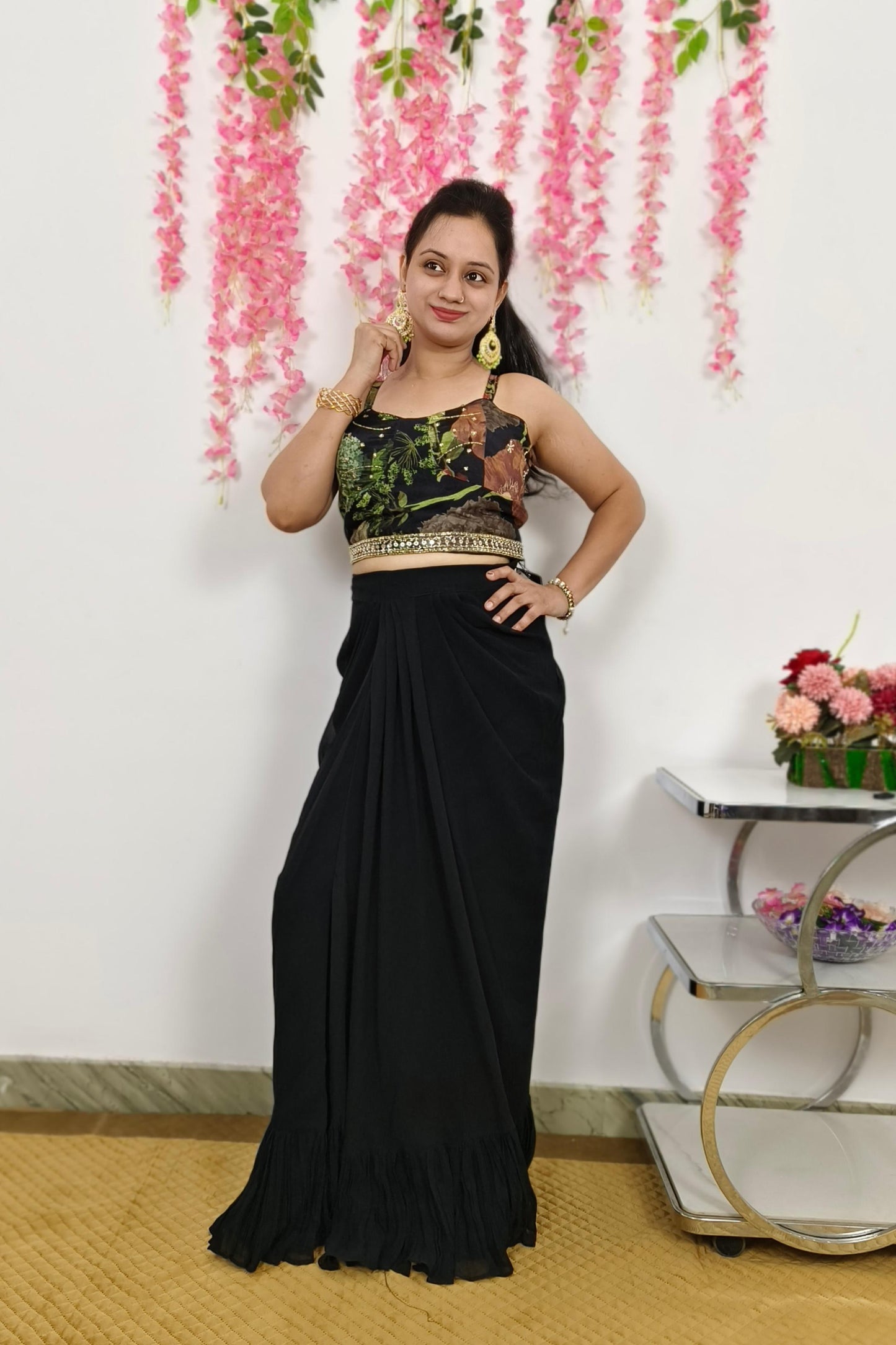 Three Piece Designer Indo Western Dress With Shrug In Black