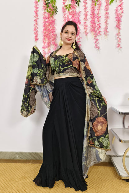 Three Piece Designer Indo Western Dress With Shrug In Black