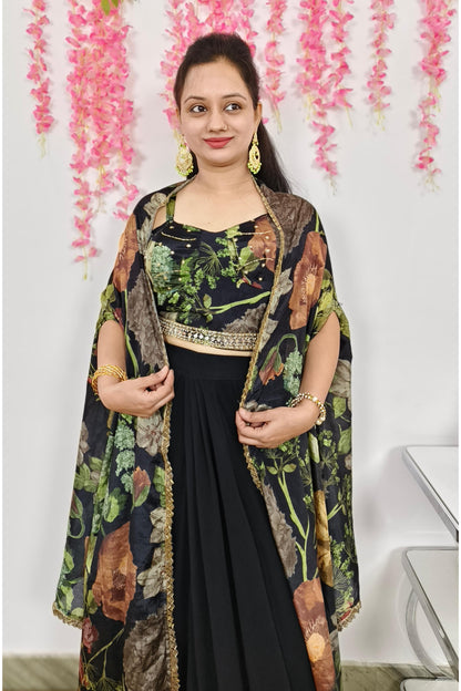 Three Piece Designer Indo Western Dress With Shrug In Black