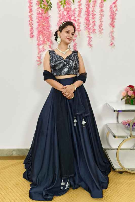 Full Flared Partywear Lehenga Dress With Hand Work Blouse in Charcoal Colour