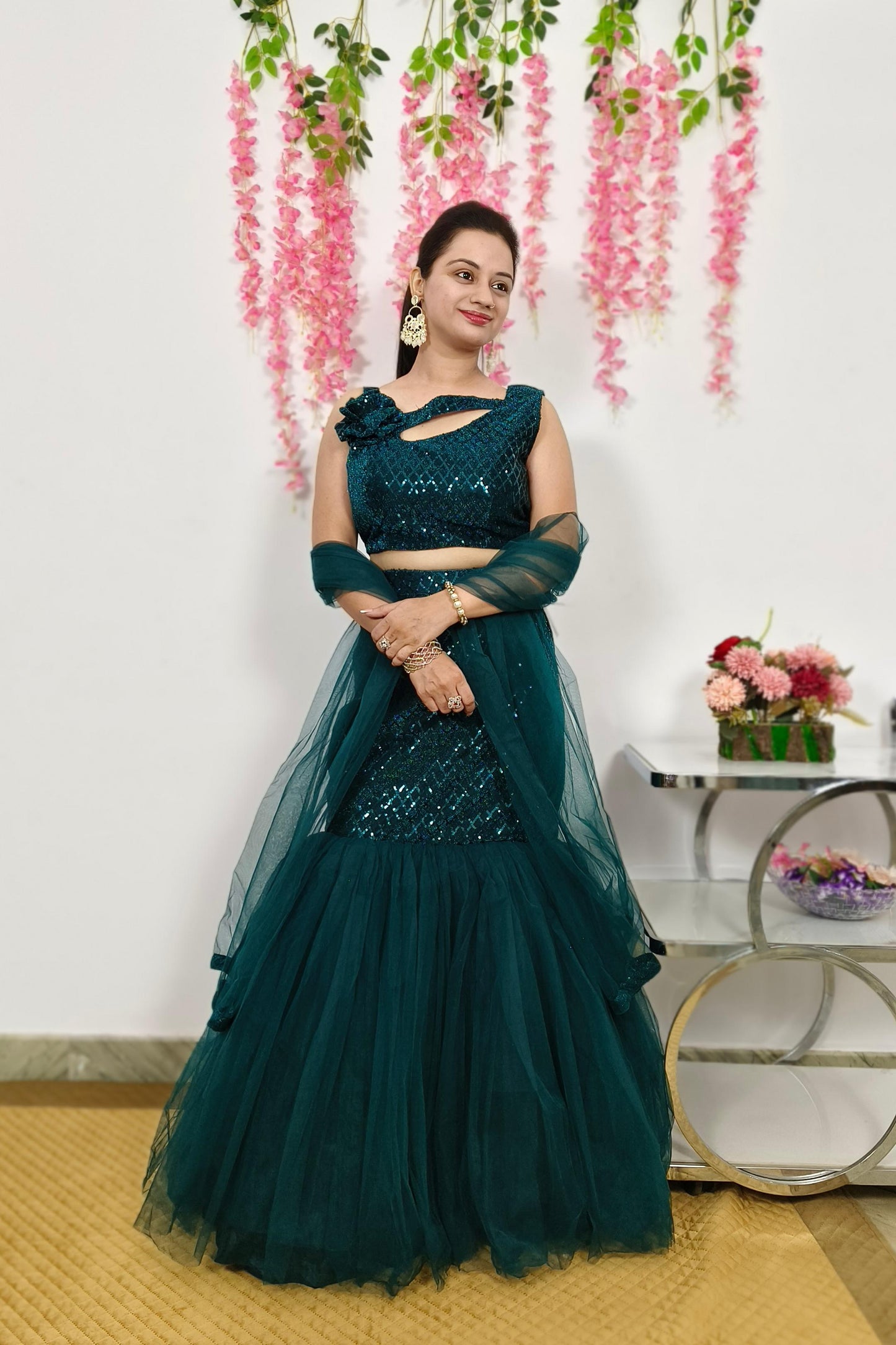 Partywear Sequence Embroidered  Indowestern  Fishcut Dress In peacock