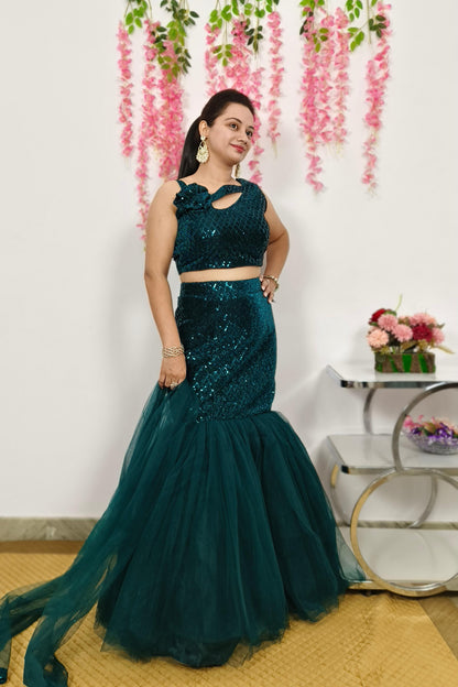 Partywear Sequence Embroidered  Indowestern  Fishcut Dress In peacock