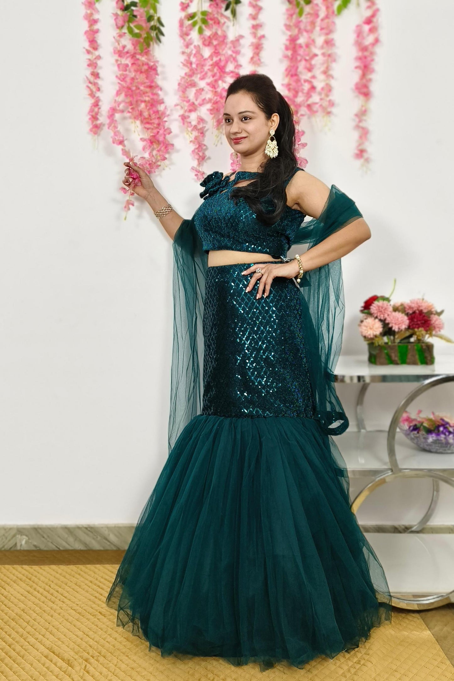 Partywear Sequence Embroidered  Indowestern  Fishcut Dress In peacock