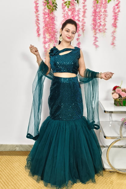 Partywear Sequence Embroidered  Indowestern  Fishcut Dress In peacock