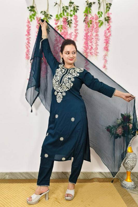 Straight Summer Suit Set With Chiffon Duppatta In Blue