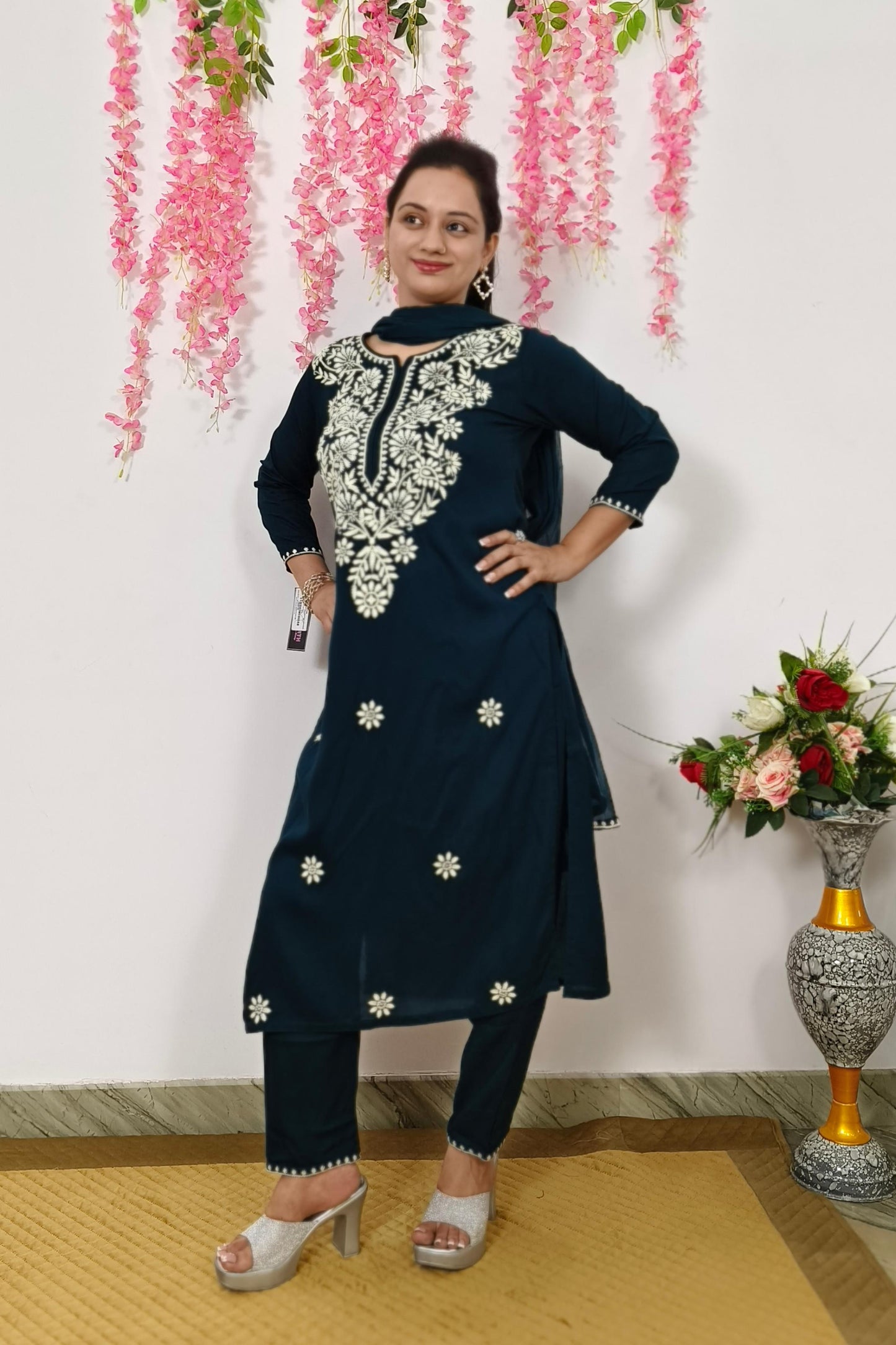 Straight Summer Suit Set With Chiffon Duppatta In Blue