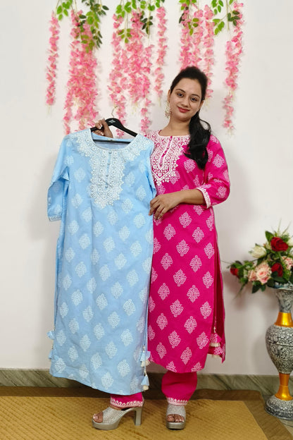 Straight Cotton Jaipuri Printed kurta Set With Duppatta In Pink