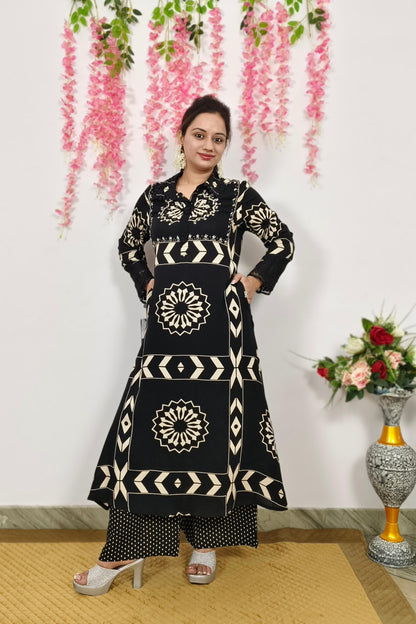 A line Printed Viscouse Kurta Set With Plazo Pants In Black