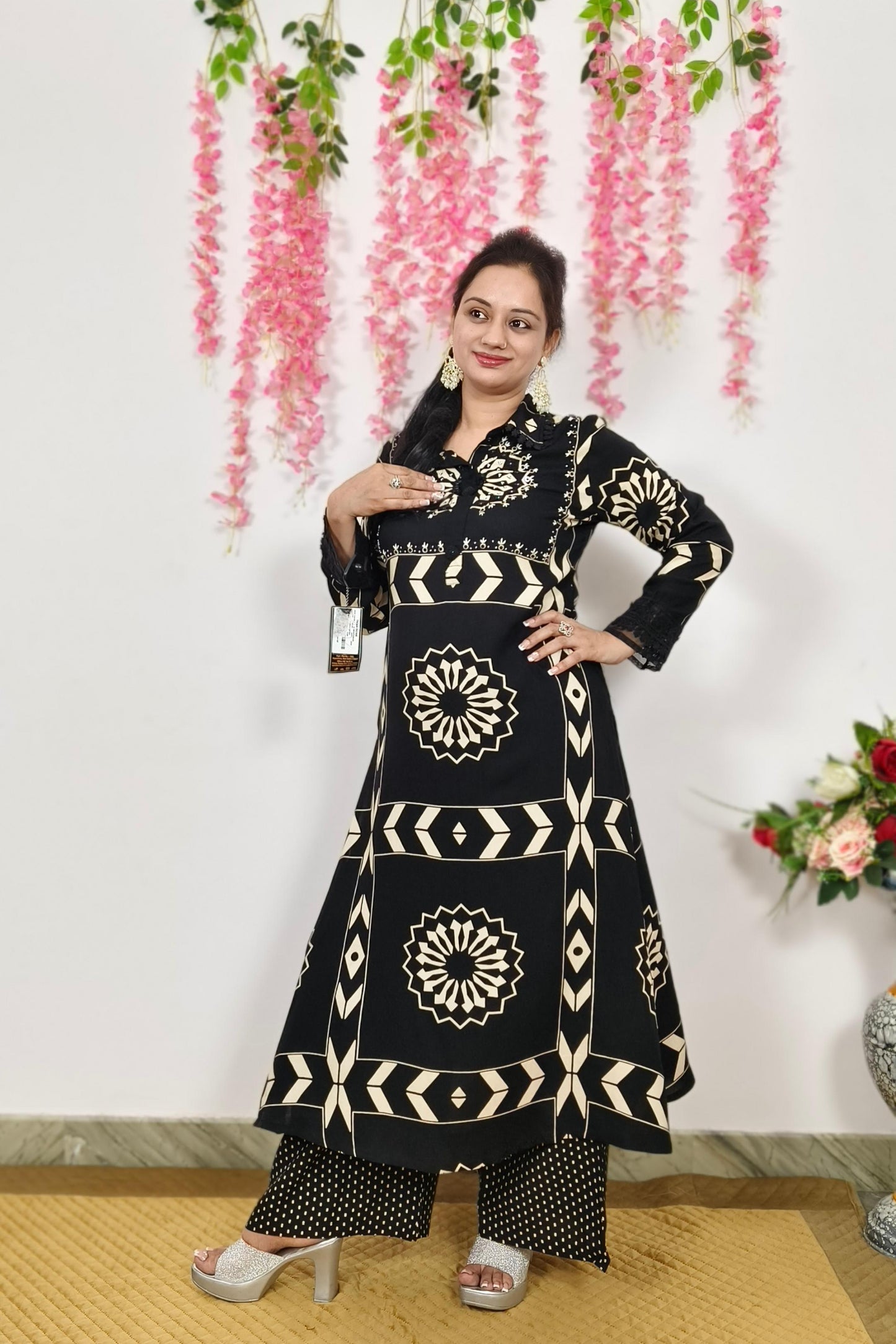 A line Printed Viscouse Kurta Set With Plazo Pants In Black