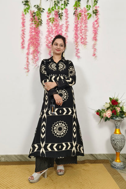 A line Printed Viscouse Kurta Set With Plazo Pants In Black