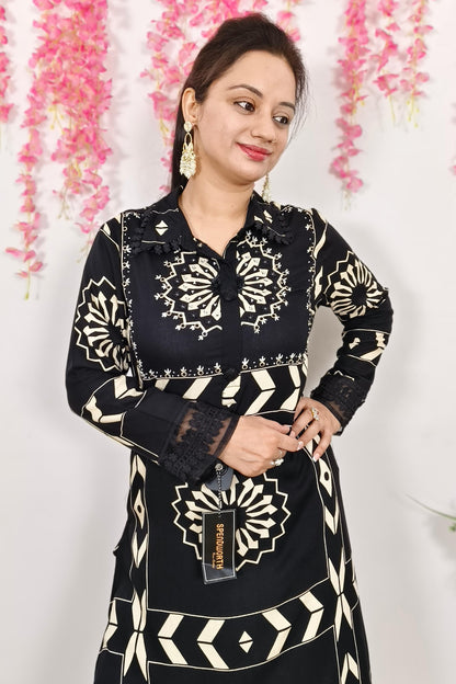 A line Printed Viscouse Kurta Set With Plazo Pants In Black