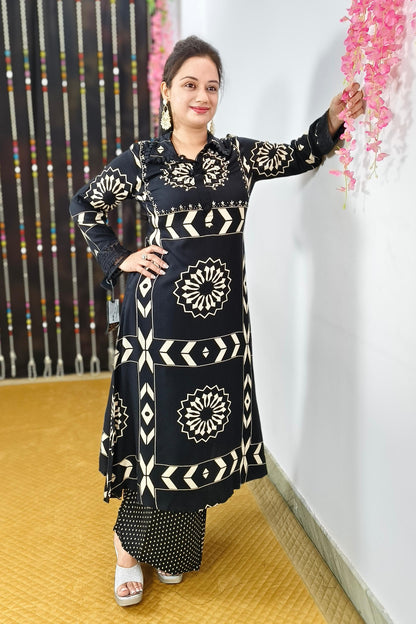 A line Printed Viscouse Kurta Set With Plazo Pants In Black