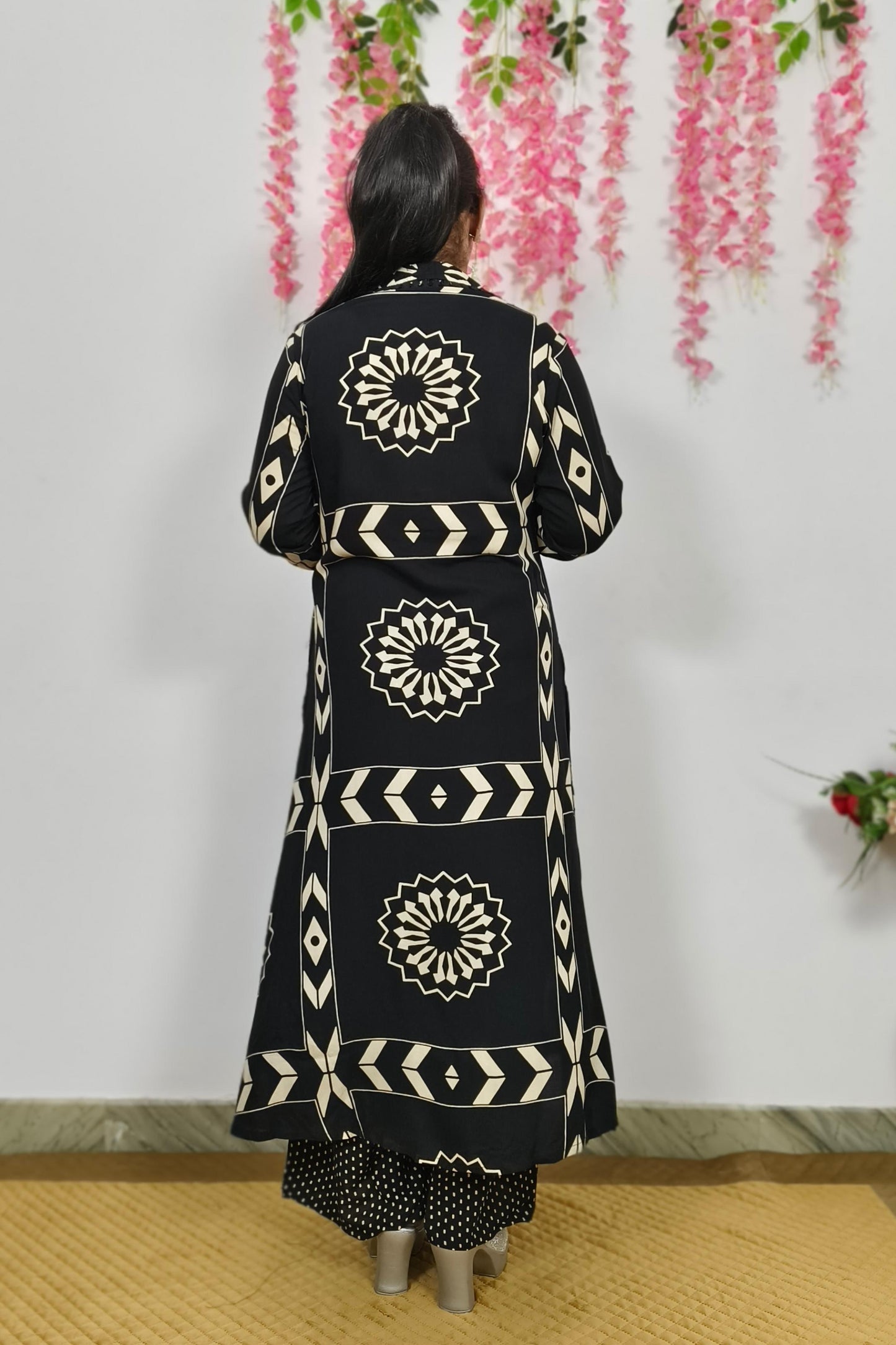 A line Printed Viscouse Kurta Set With Plazo Pants In Black