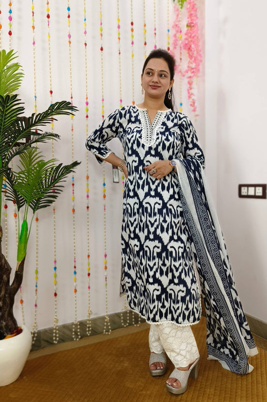 Straight Ikkat Printed Cotton Suit Set With Crochet Detailing In Indigo White