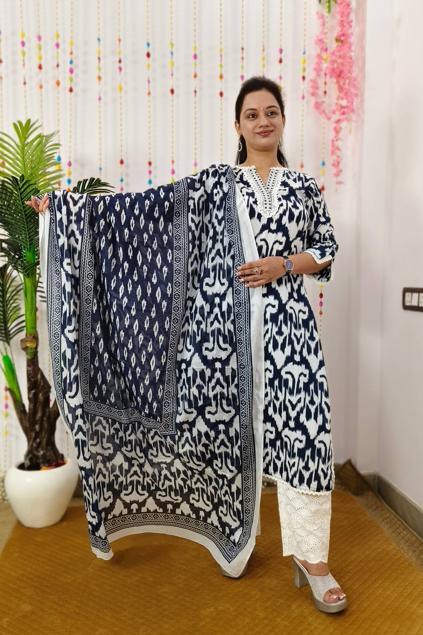 Straight Ikkat Printed Cotton Suit Set With Crochet Detailing In Indigo White