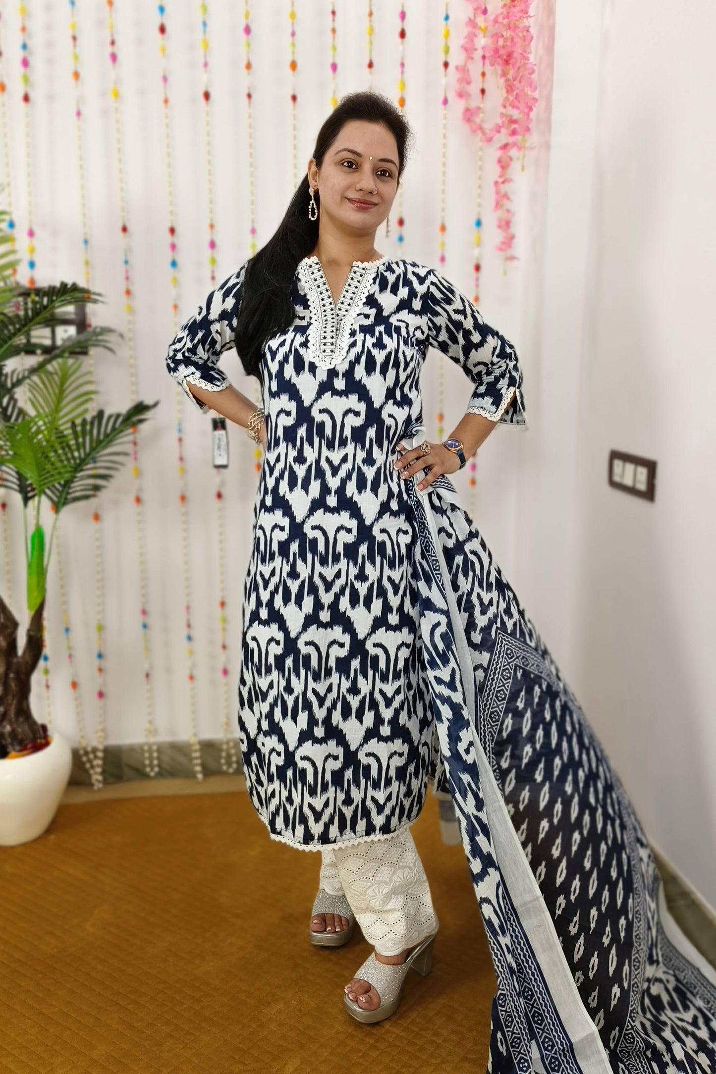 Straight Ikkat Printed Cotton Suit Set With Crochet Detailing In Indigo White