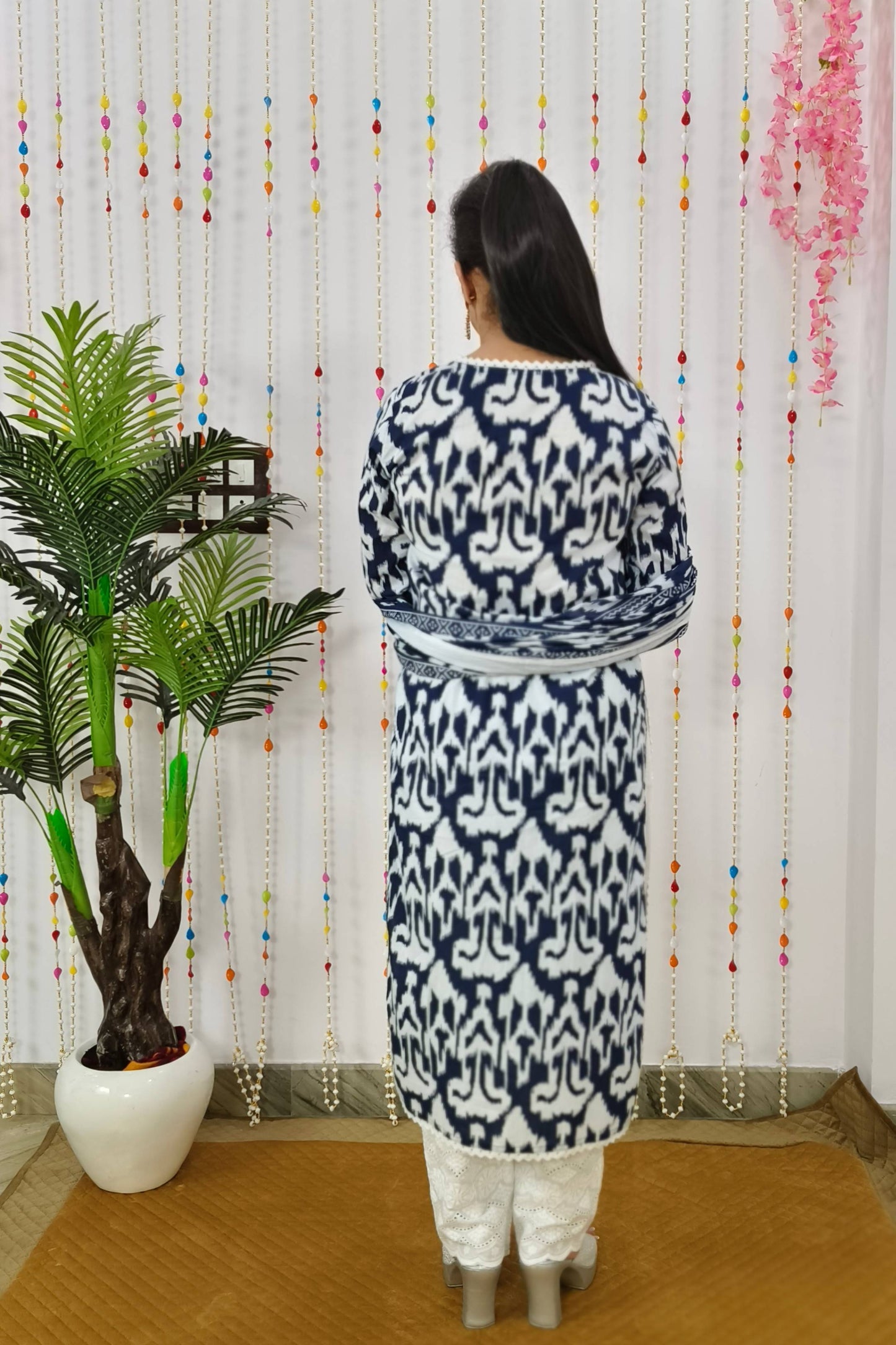 Straight Ikkat Printed Cotton Suit Set With Crochet Detailing In Indigo White