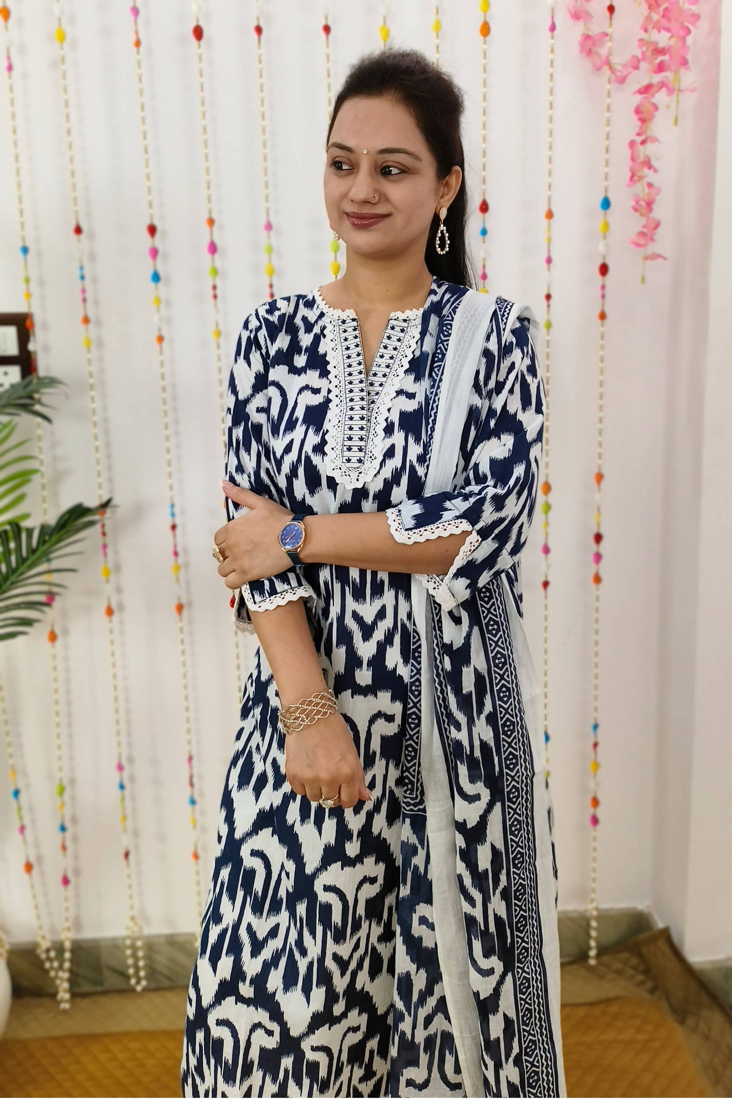 Straight Ikkat Printed Cotton Suit Set With Crochet Detailing In Indigo White