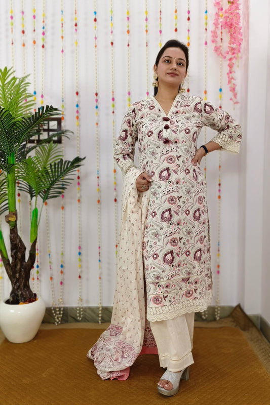 Khadi Cotton Straight Pakistani Floral Printed Suit Set in Off white