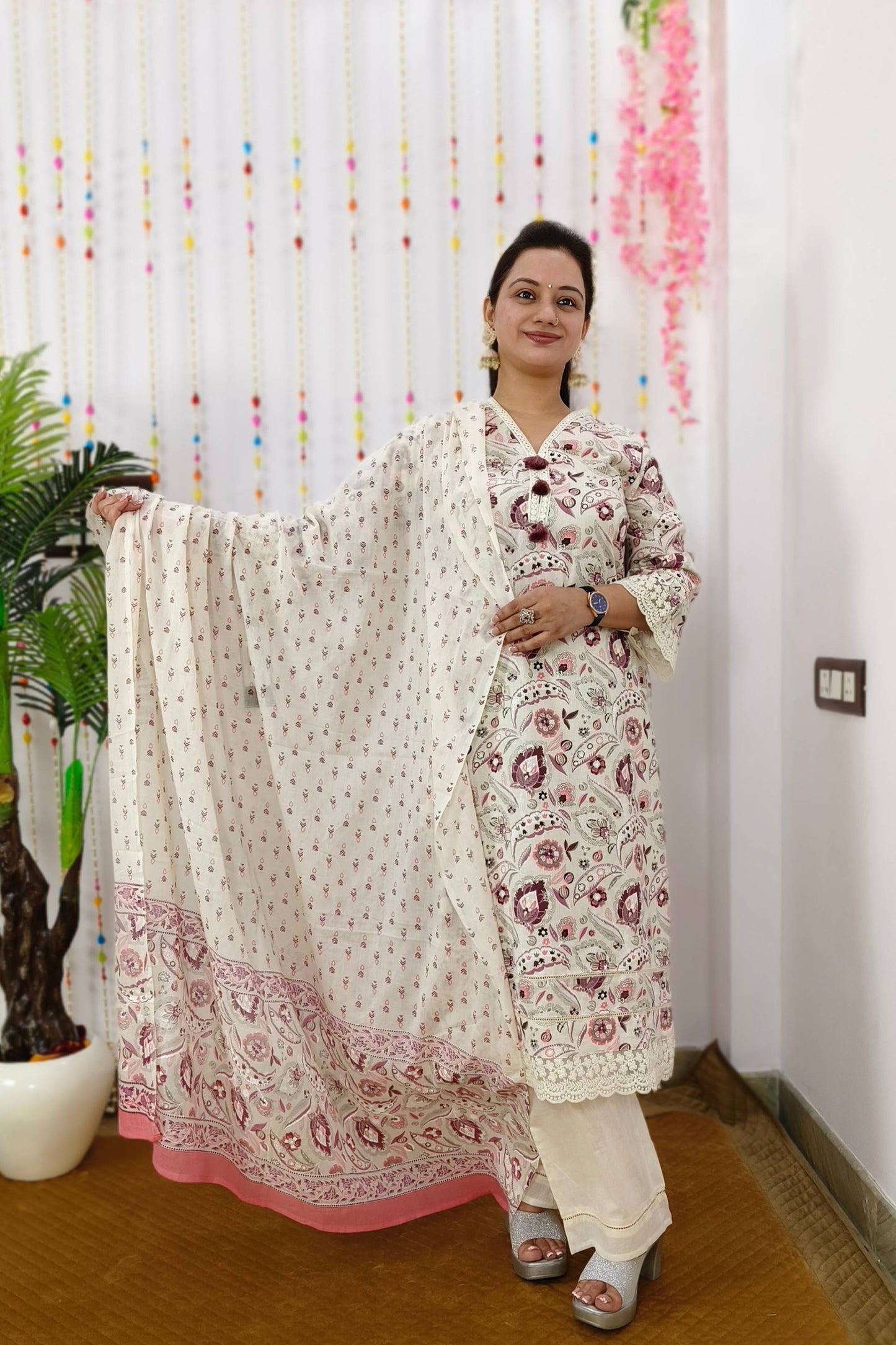 Khadi Cotton Straight Pakistani Floral Printed Suit Set in Off white