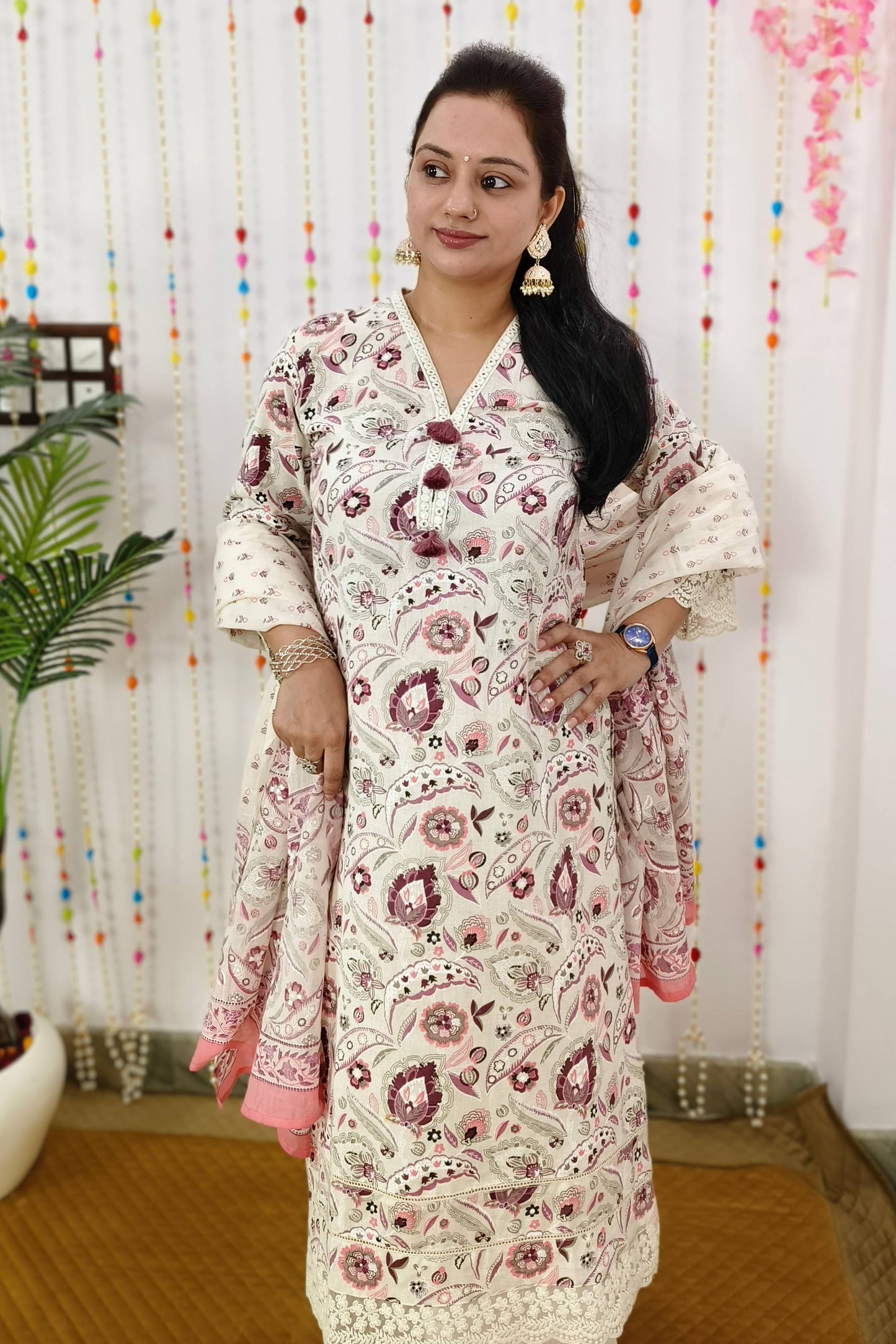 Khadi Cotton Straight Pakistani Floral Printed Suit Set in Off white