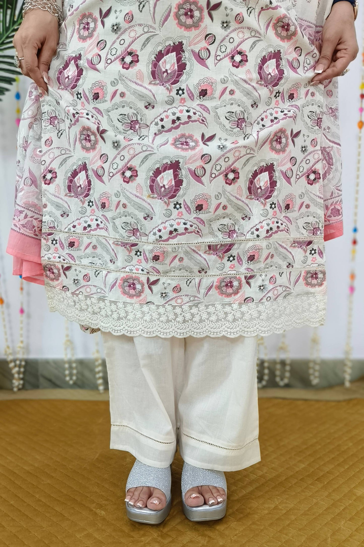 Khadi Cotton Straight Pakistani Floral Printed Suit Set in Off white