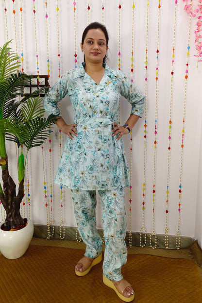 Printed Frock Style Cord Set In Sky Blue