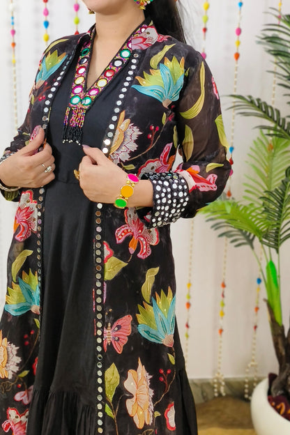 Indo Western One Piece Dress With Long Over shrug In Floral  Black