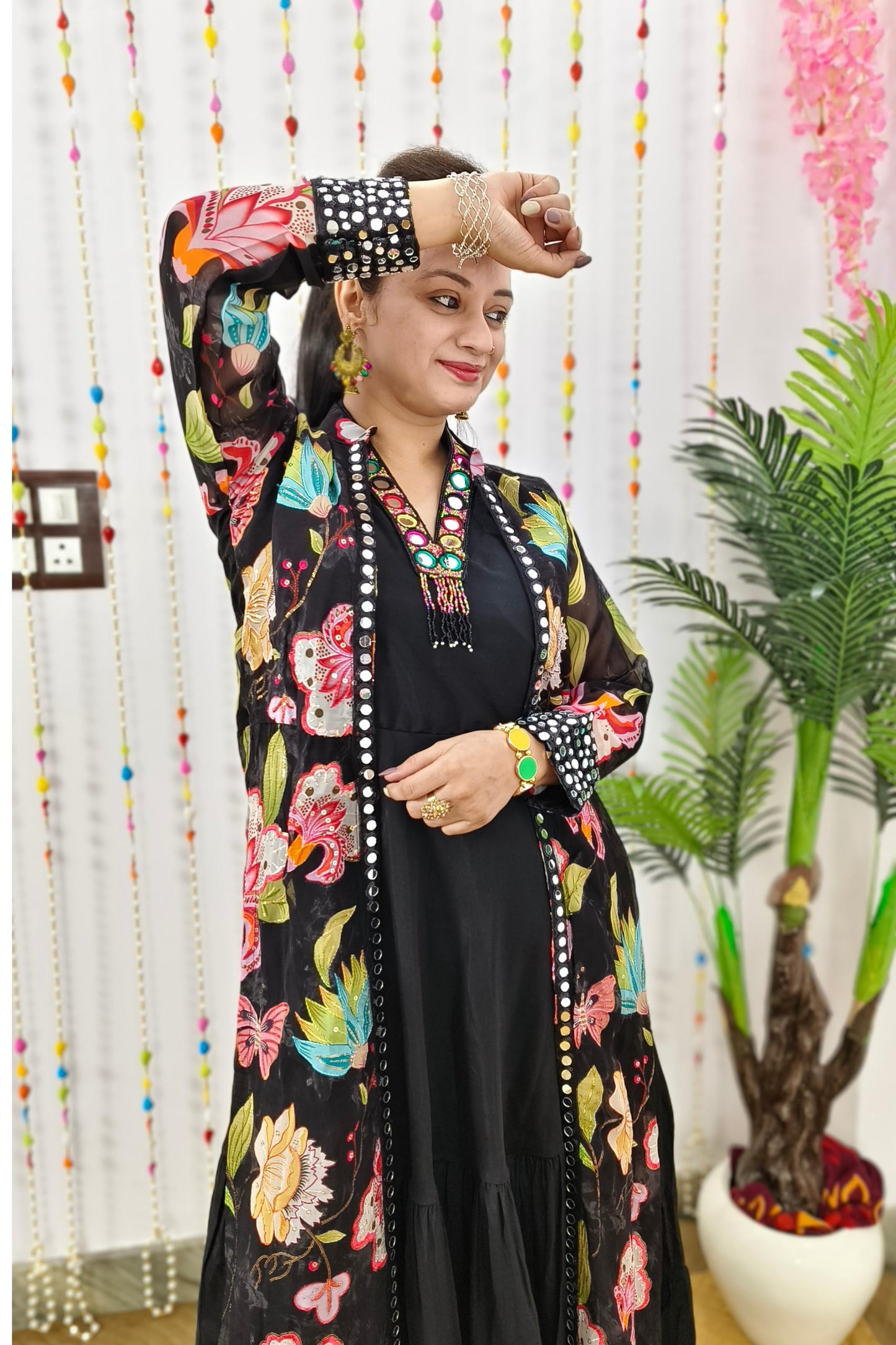 Indo Western One Piece Dress With Long Over shrug In Floral  Black