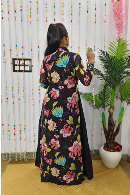 Indo Western One Piece Dress With Long Over shrug In Floral  Black