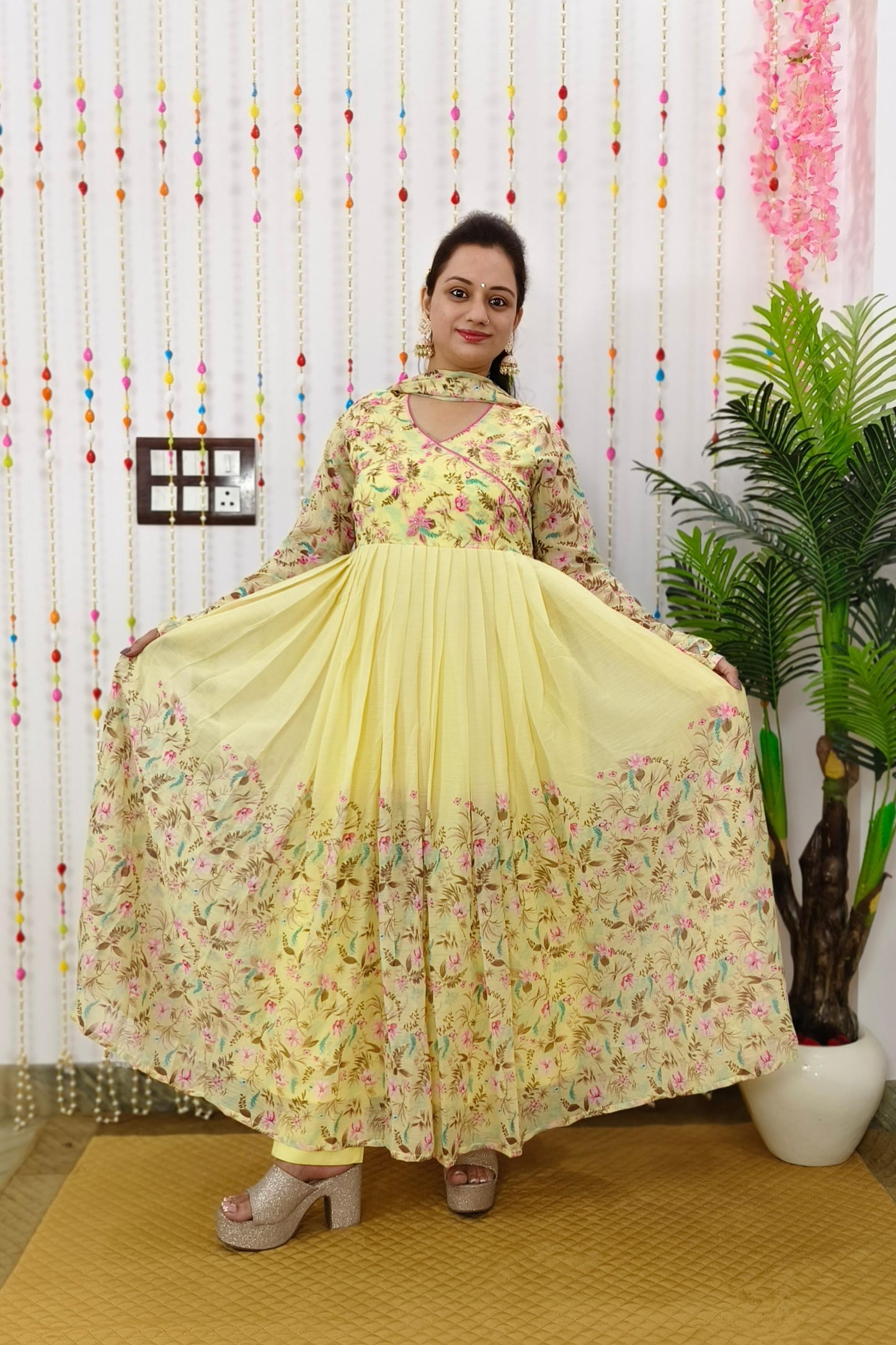 Angrakha Style Flared Printed Georgette Kurta Set in Lemon